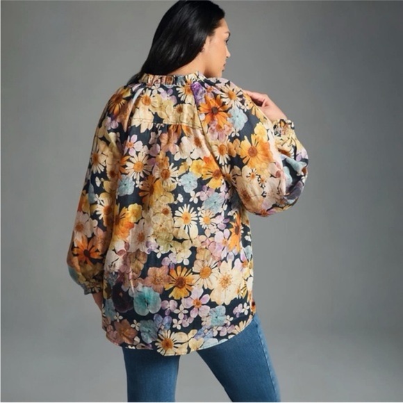 ANTHROPOLOGIE Maeve Moxy Collective Blouse Button Up Watercolor Floral Linen 1X - Picture 3 of 13
